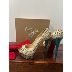 Christian Louboutin Lady Peep Spikes 150mm Heels -Size 38.5 - Craie Gold Studded